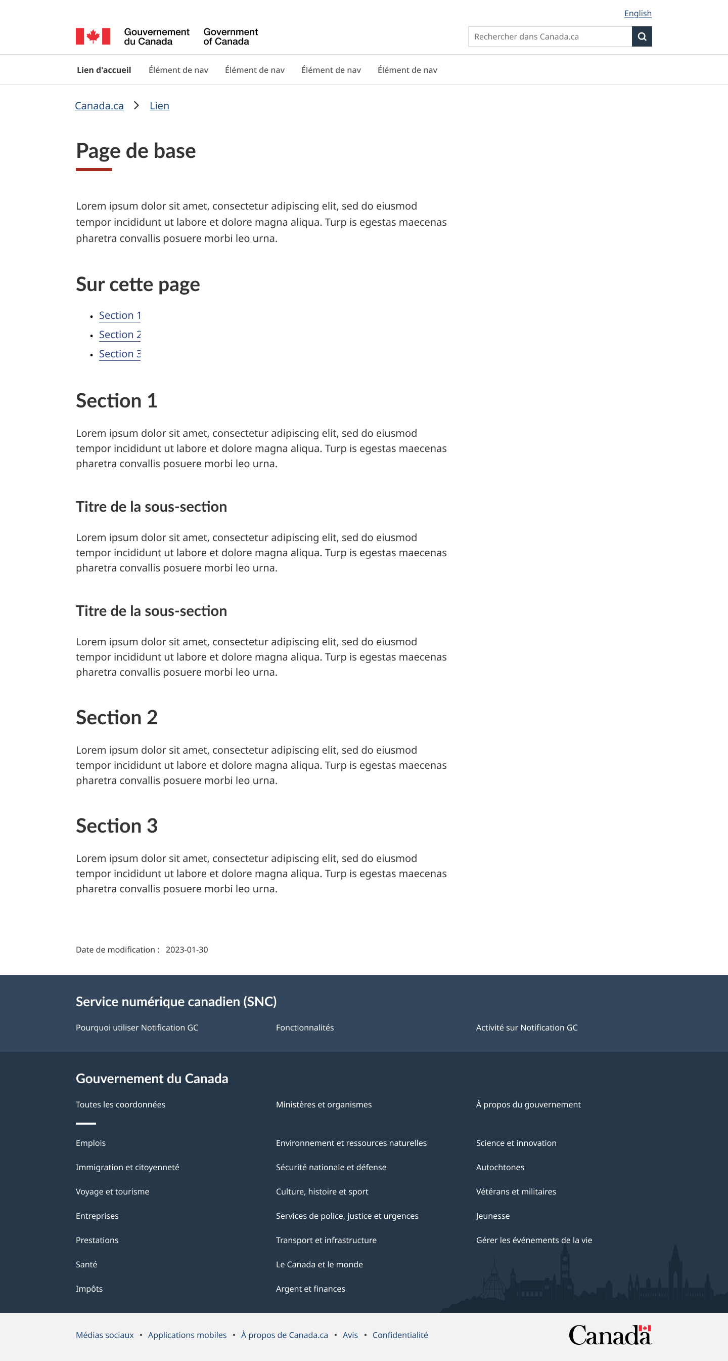 Un modèle de page de base avec une section « Sur cette page » comprend l'en-tête et le pied de page du gouvernement du Canada, une section « Sur cette page » et trois sections listées en-dessous.