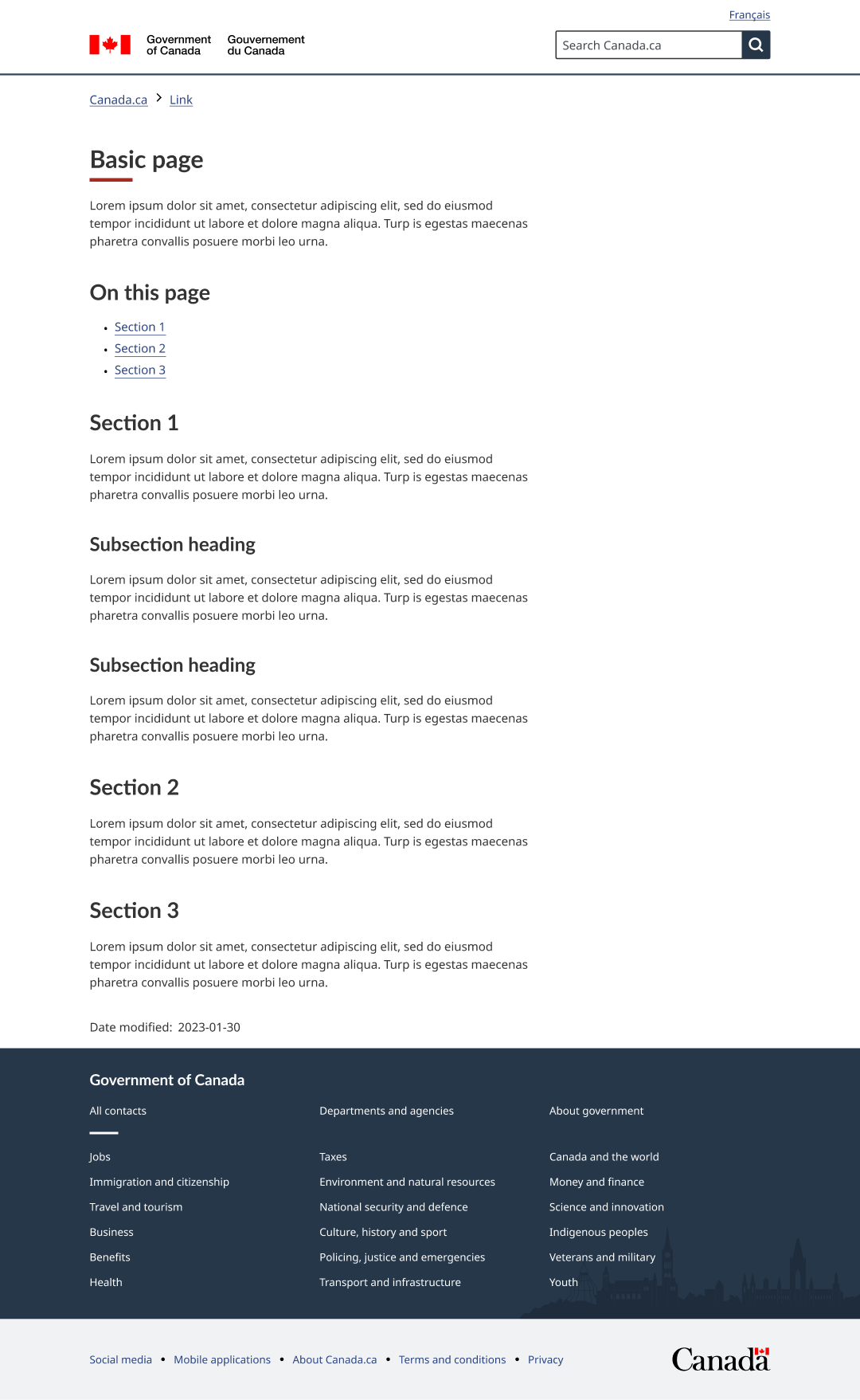 A basic page template with a "On this page" section includes the Government of Canada header and footer, a "On this page" section with three sections listed underneath.